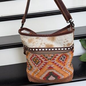 Myra handmade leather cowhide crossbody shoulder handbag purse boho western